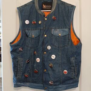 Xelement L Denim & Leather Motorycle Vest Custom W/ 1980's Metal Bands